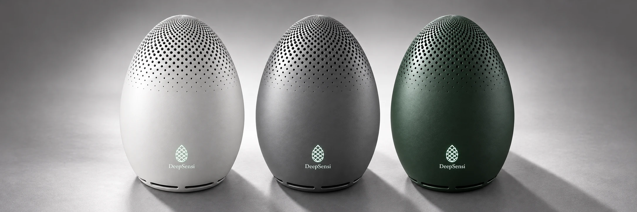 DeepSensi Edge Node fleet trio: Pearl White, Satin Gray, and Deep Forest Green.