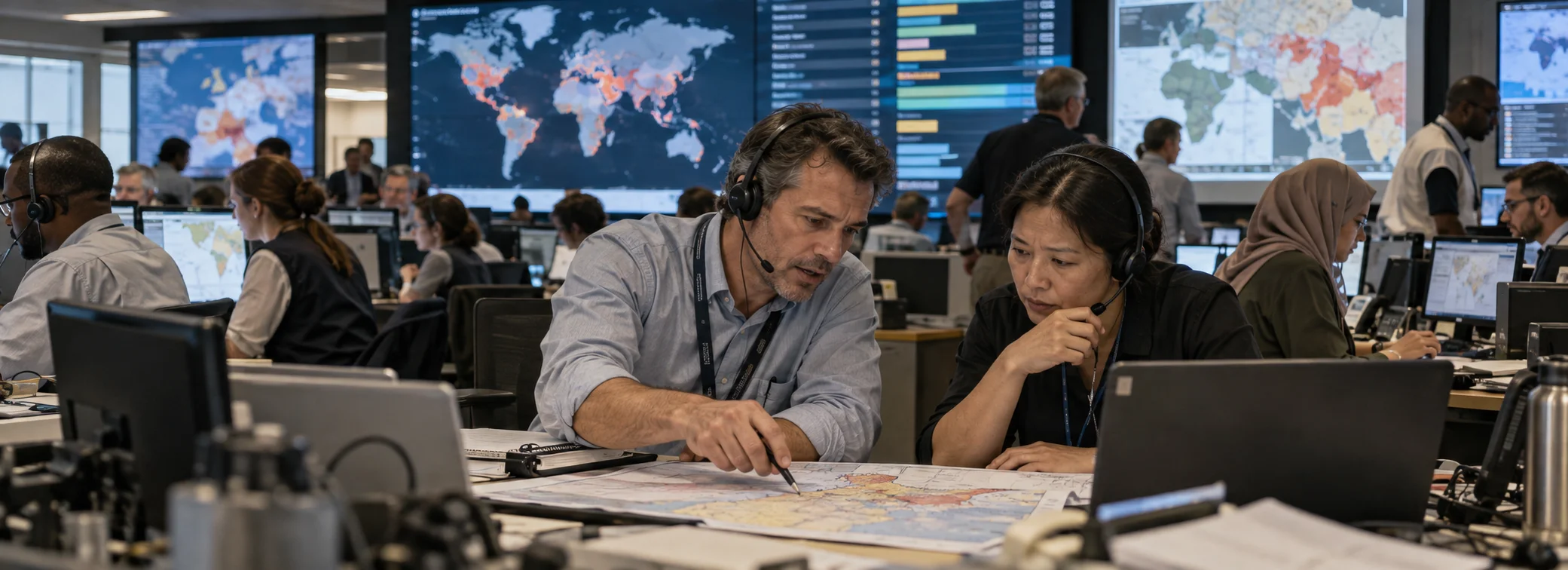 International public health operations center: clinical epidemiologists and data scientists coordinating real-time biomedical discovery, multi-omic anomaly detection, and autonomous hypothesis validation loops.