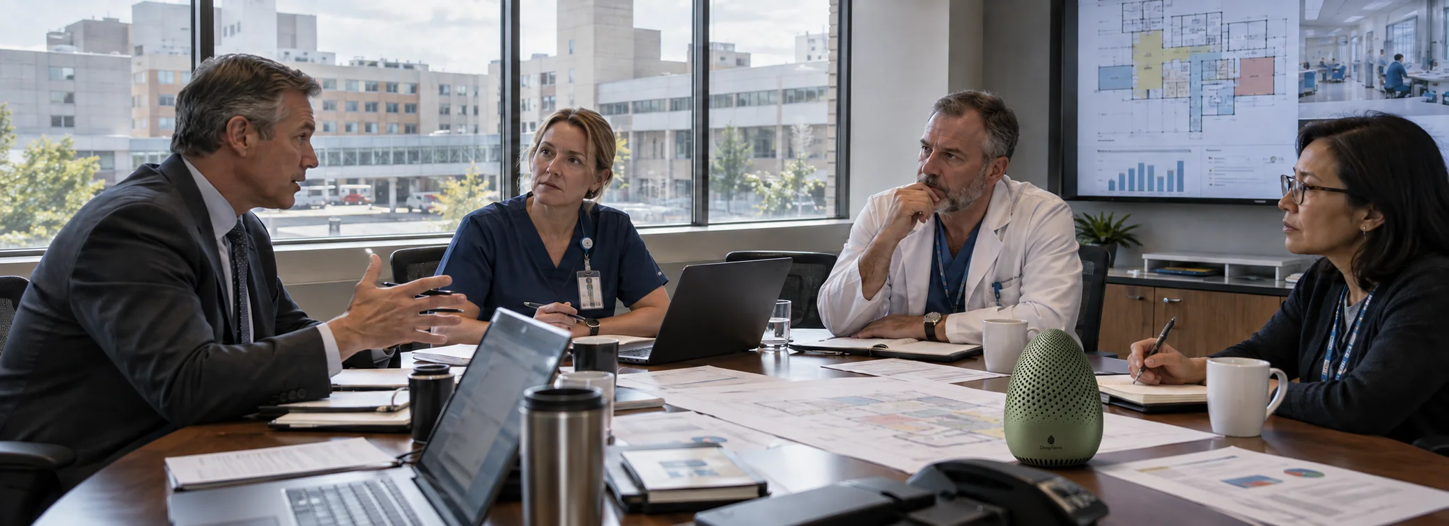 Hospital clinical leadership, ward chiefs and chief medical officer conducting multidisciplinary consilium review around a table with a DeepSensi Edge Node in Pine Green.
