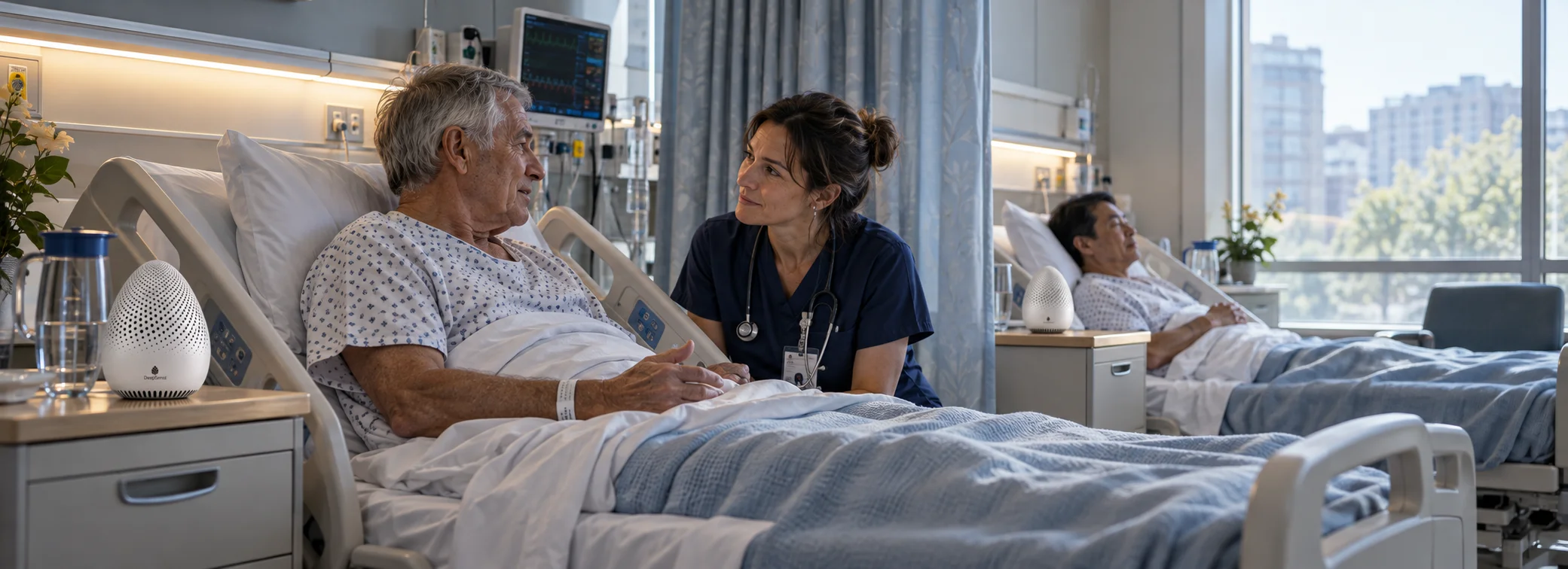 DeepSensi Edge Node deployed at a hospital ward bedside in Silk White Satin during clinical consilium review.