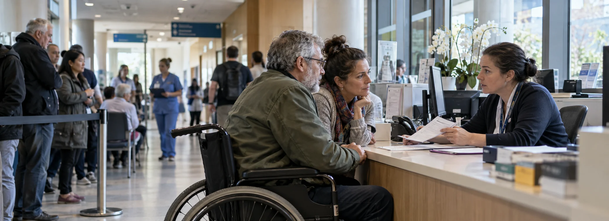 Hospital admissions and patient services: an adult patient in a wheelchair accompanied by his partner at an intake desk, reviewing clinical trial protocol onboarding paperwork with a coordinator in a modern hospital reception.