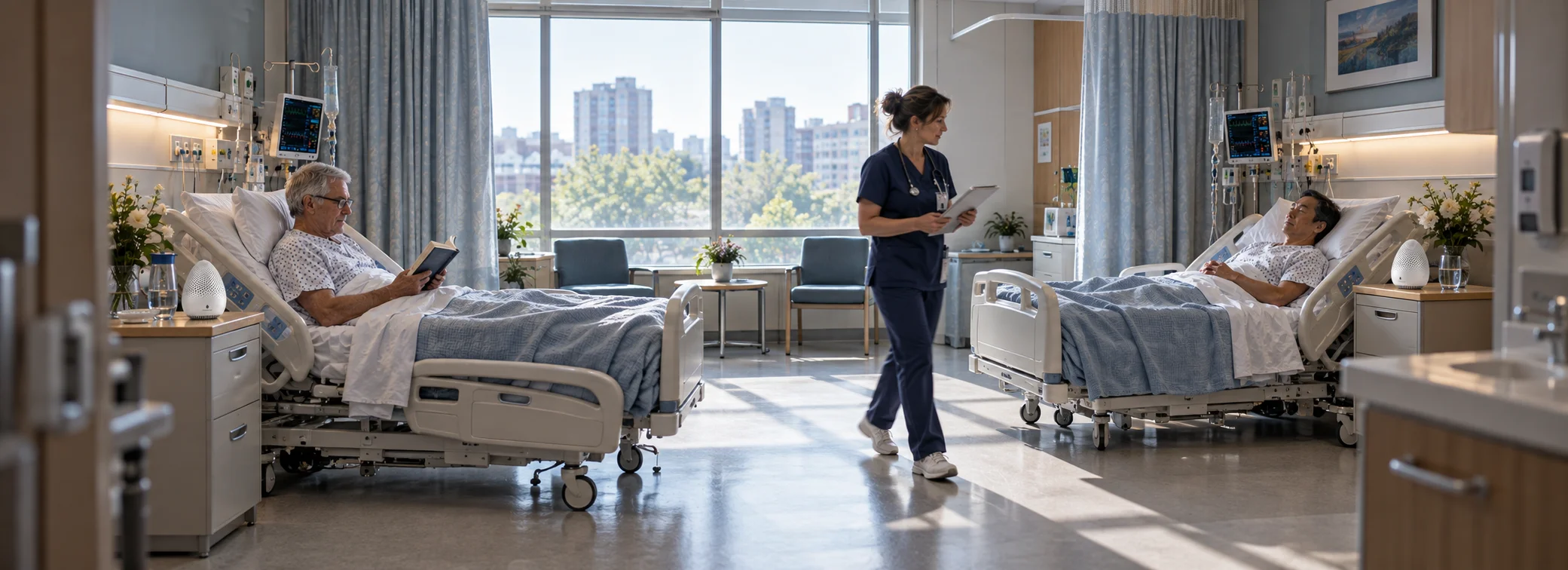 Architectural perspective of high-capacity inpatient hospital ward with bedside DeepSensi Edge Node units networked across clinical departments.