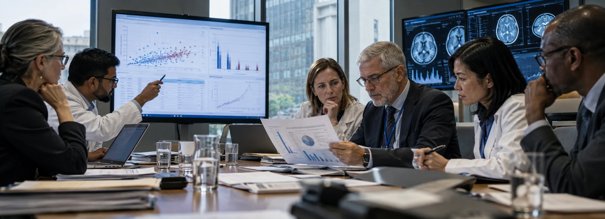 Independent medicines regulatory review panel: multidisciplinary clinical scientists and biostatisticians analyzing Synthetic Control Arm survival curves, natural history data, and safety evidence under FDA Real-World Evidence standards.