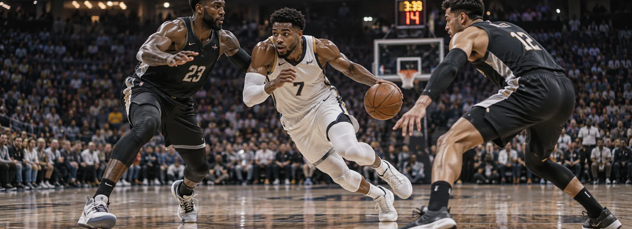 Elite basketball athletes executing high-intensity offensive drive and defensive coverage on an indoor court, with real-time biomechanical tracking and physiological load optimization.