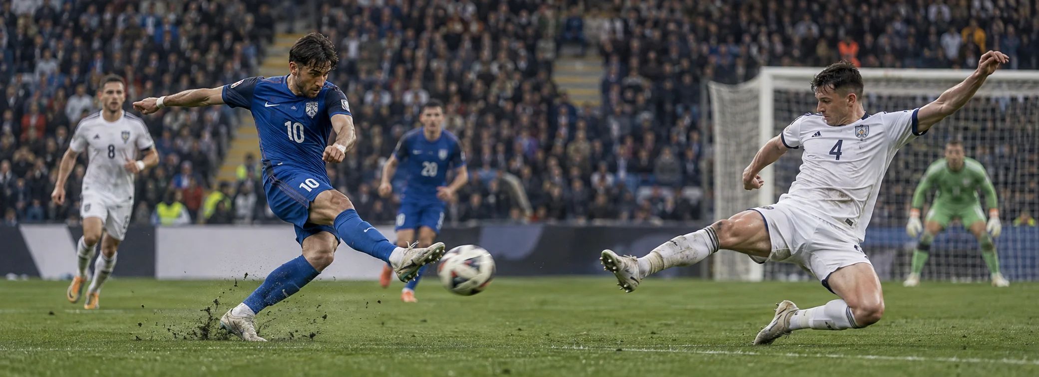Elite soccer striker taking a high-velocity strike on goal inside a packed stadium monitored by kinematic load tensors.