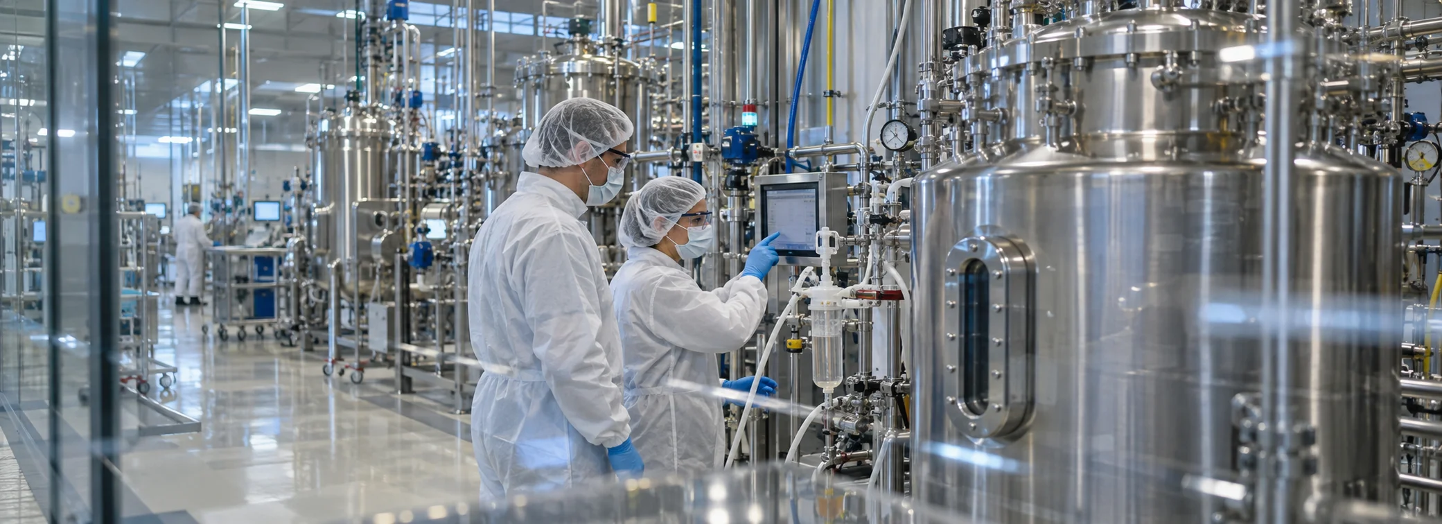Biopharma cleanroom R&D bioreactor line with high-throughput molecular analytics and DeepSensi in silico modeling.