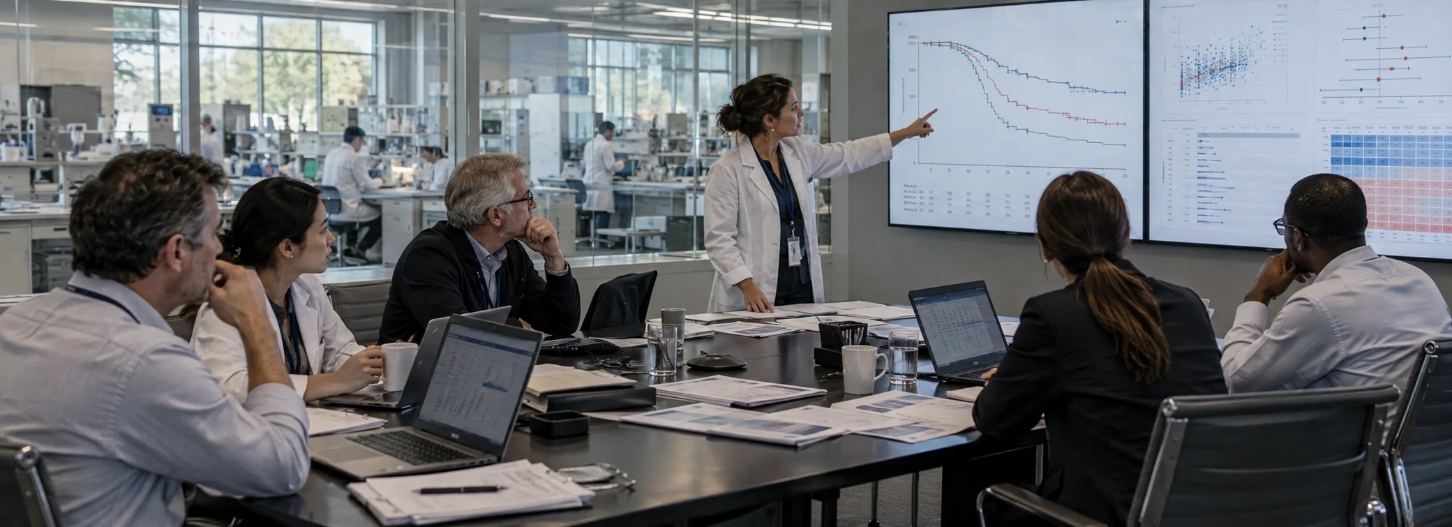 Biopharma clinical development team evaluating Synthetic Control Arm Kaplan-Meier survival curves and genomics heatmaps in front of cleanroom wet laboratory.