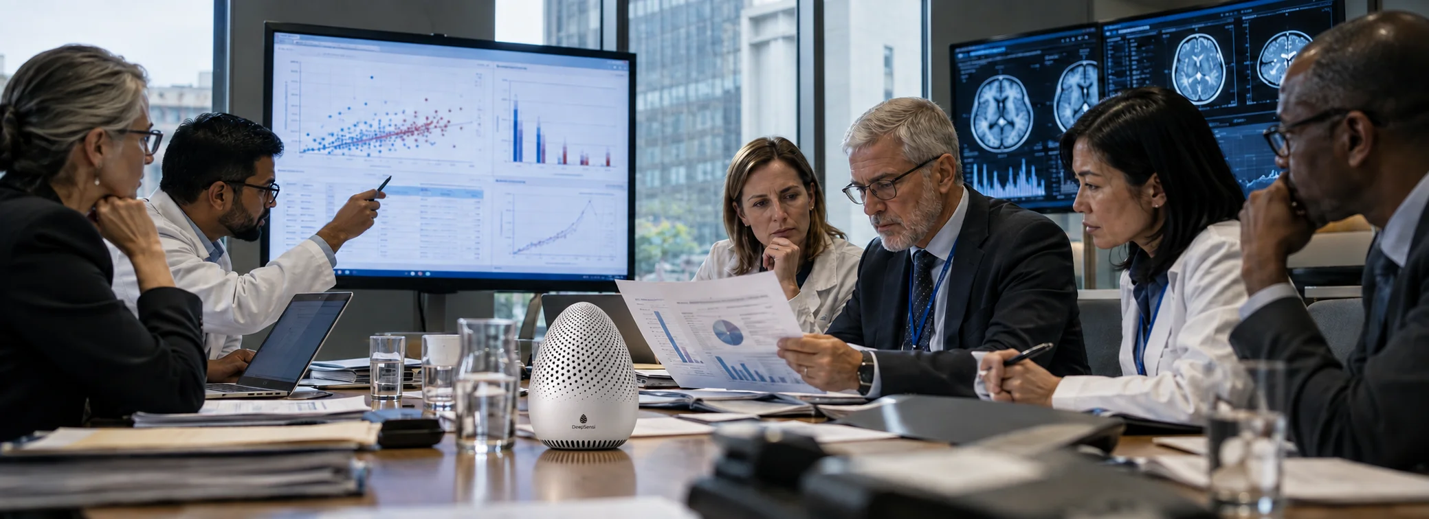 Multidisciplinary clinical consilium analyzing complex diagnostic tensors with DeepSensi Edge Node deployed on conference table.