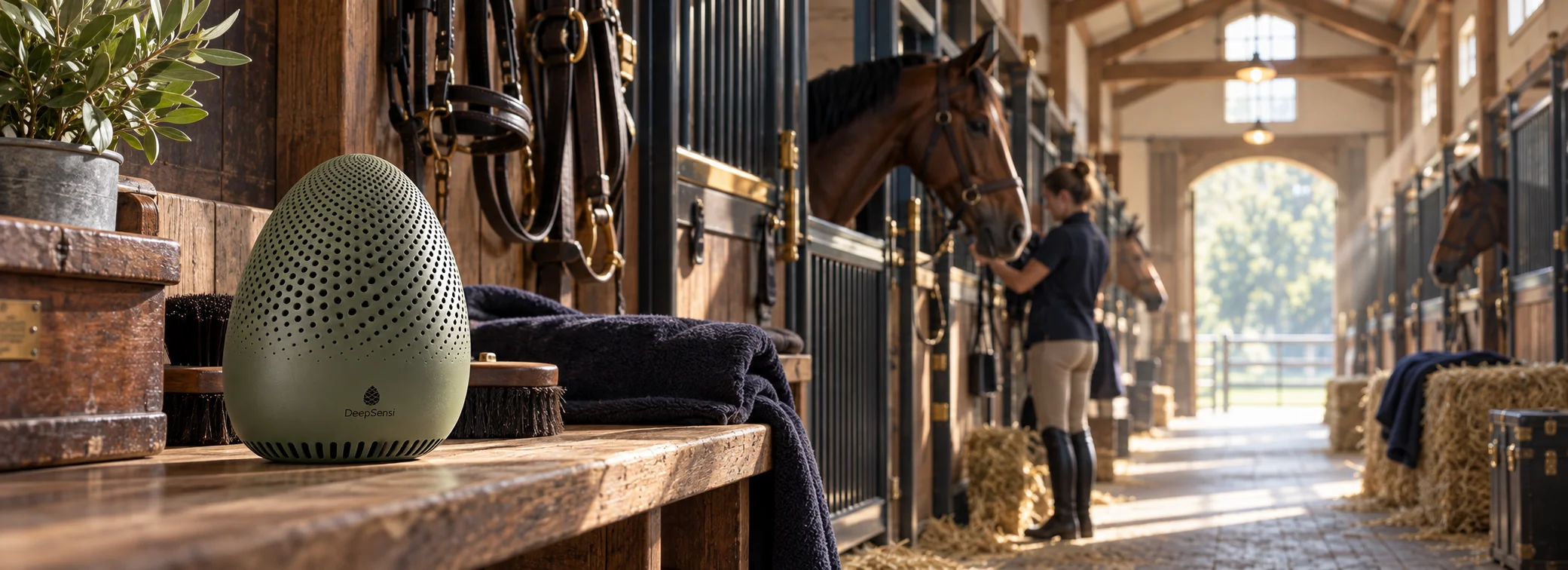 DeepSensi Edge Node in Pine Green finish operating on a wooden shelf in an elite thoroughbred racing stable aisle.