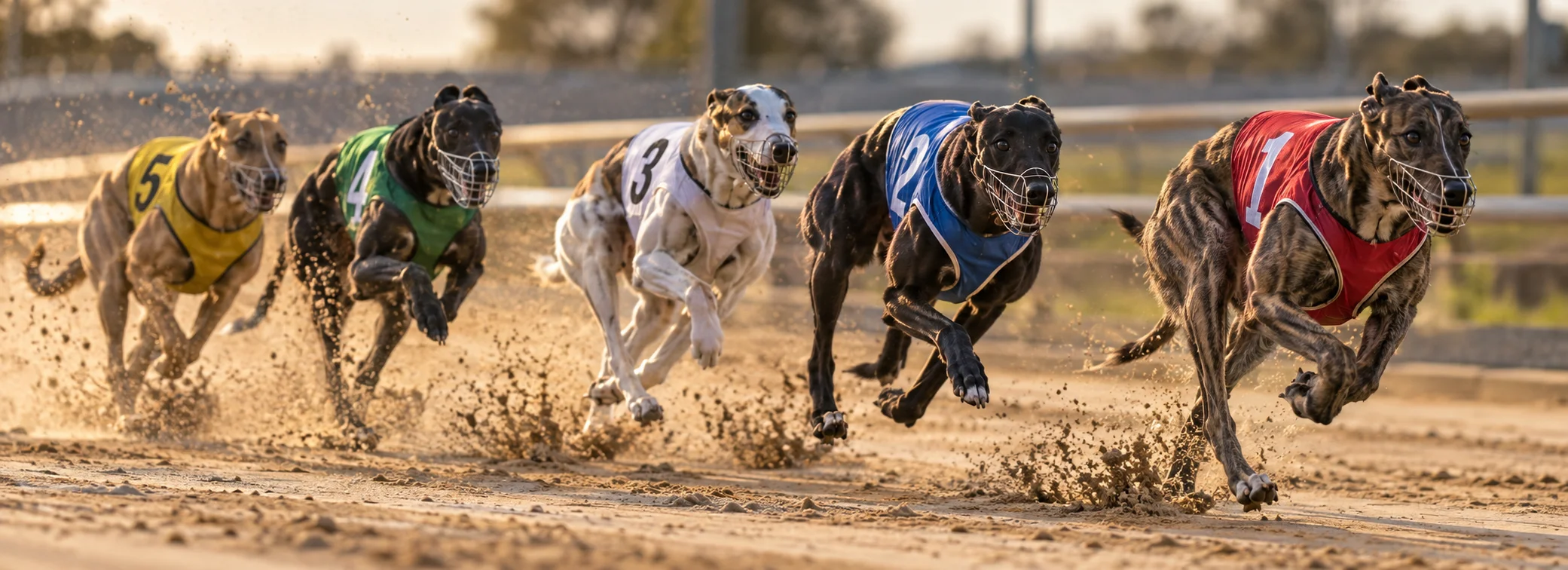 Pedigree racing greyhounds sprinting at maximum velocity on sand track with racing silks.