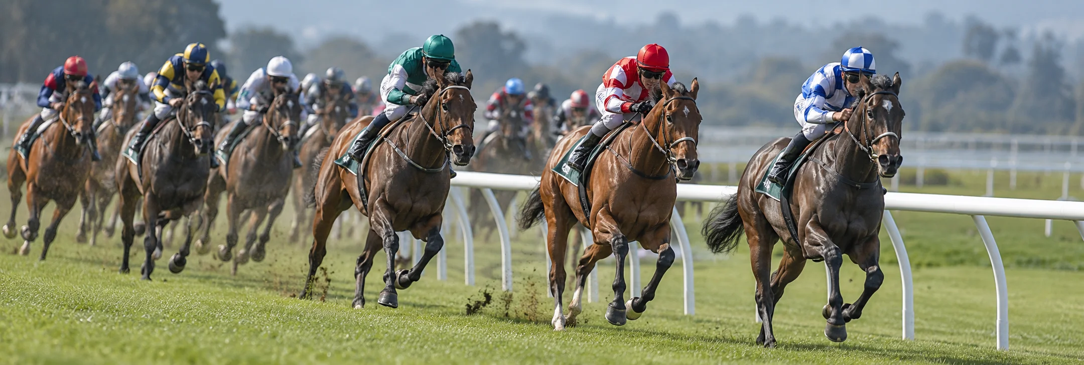 Elite thoroughbred racehorses in full sprint gallop rounding the bend along the inner rail, monitored for kinematic gait symmetry and biomechanical integrity.